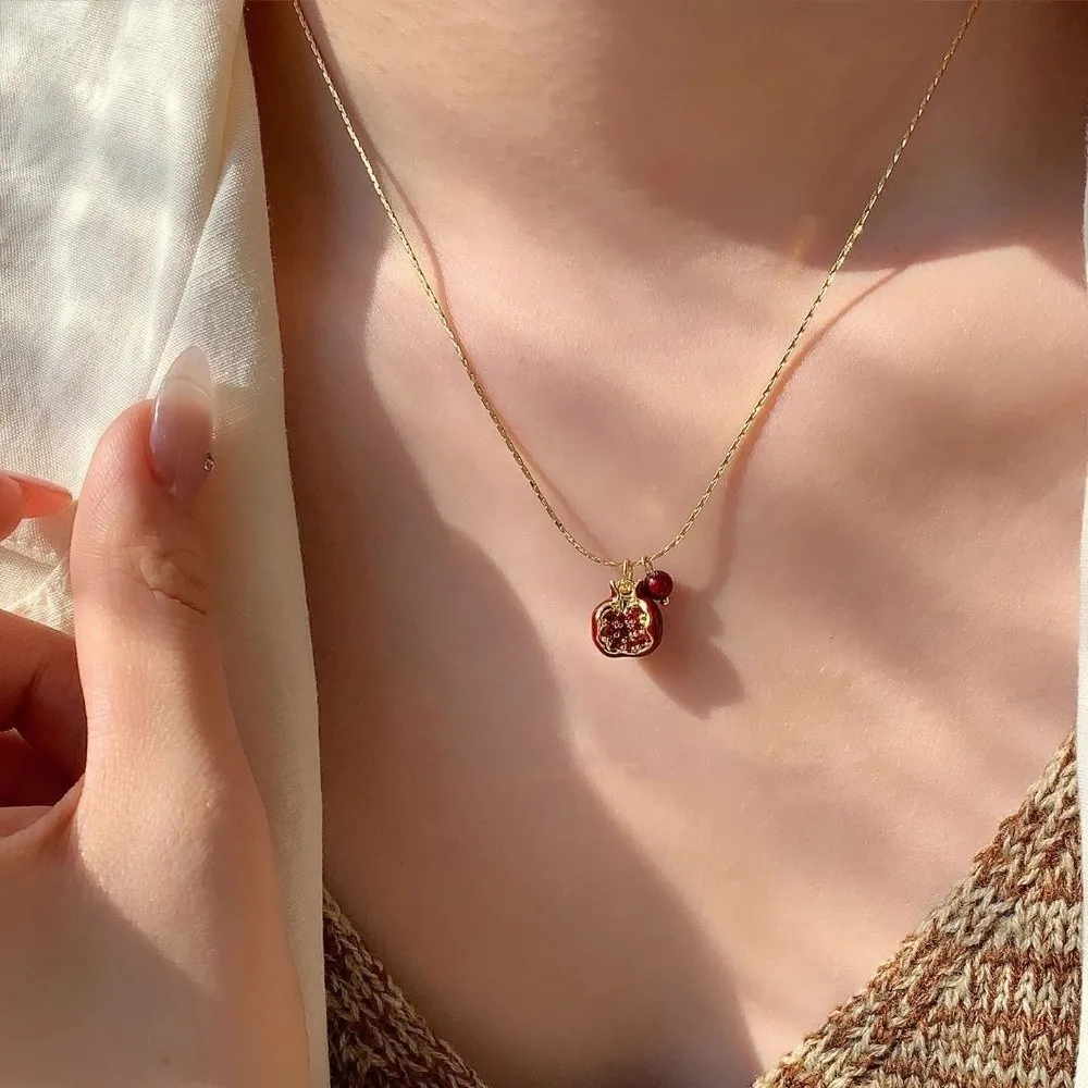 Trendy Red Pomegranate Pendant Necklace Cute Sweet Fruit Earrings Delicate Minimalist Clavicle Choker Daily