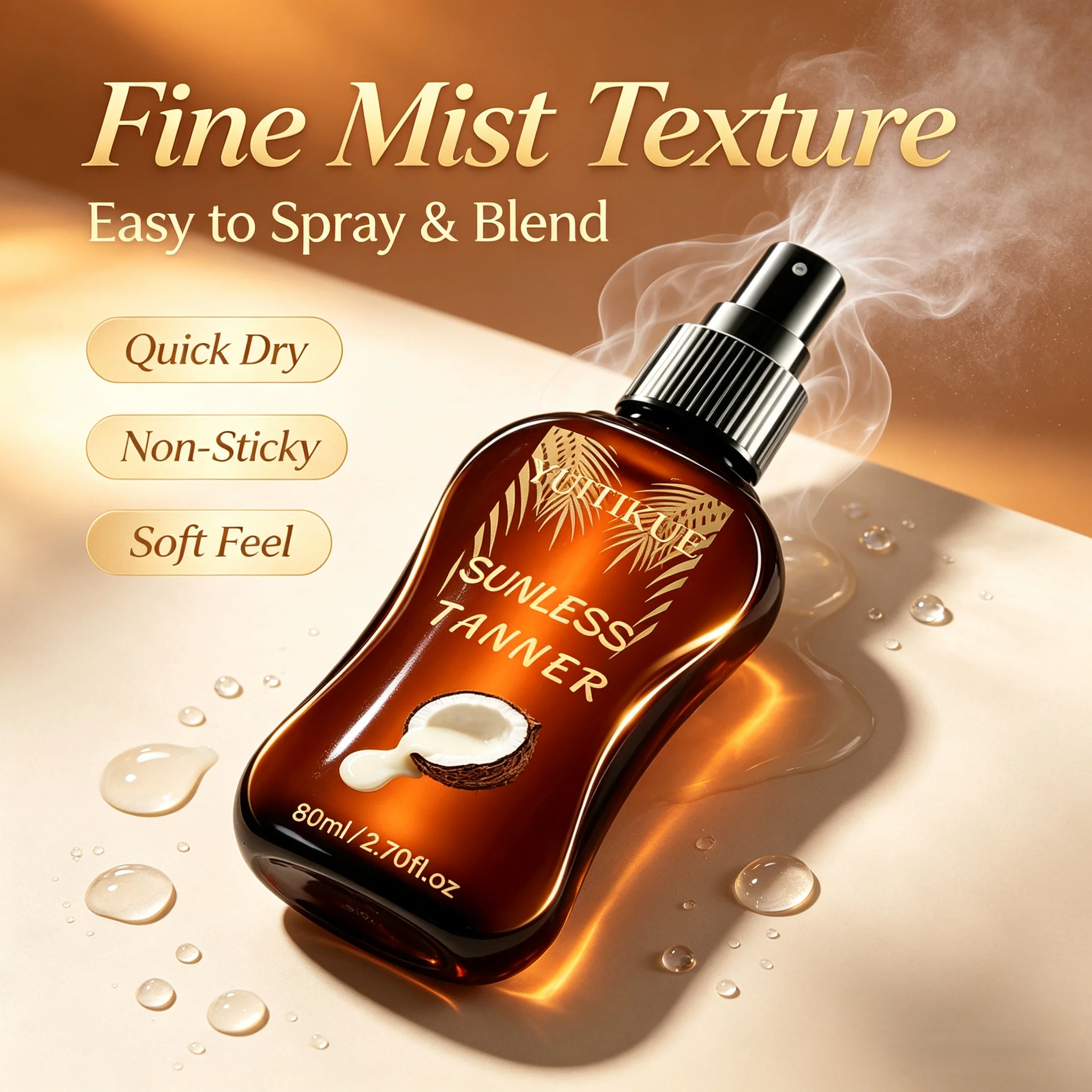 YUITIKUE Coconut Sunless Tanner Spray Self Tanning Mist Natural Bronze Skin Body Sunless Tanning Care Spray 80ml