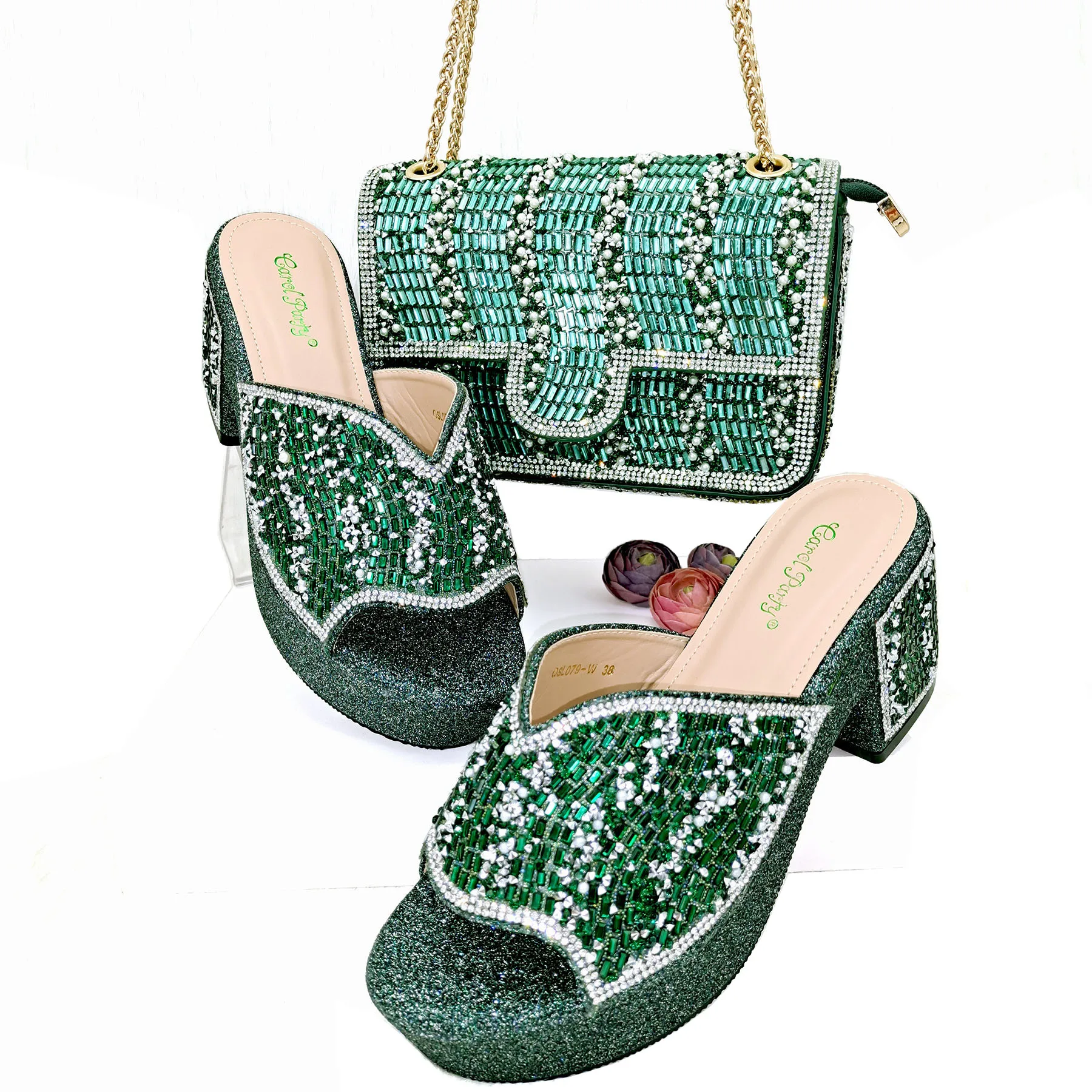 

QSGFC African Fashion Green High Heels Luxury SS Grade Elegant Women's Sandals Casual Versatile Fish Mouth Shoes And Bag Set