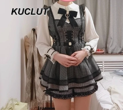 

Lolita Suit Japanese Rojita Style Girl Mesh Big Bow Long Sleeve Top and Skirt Set Fashion Spring Autumn Women's 2 Pieces Set