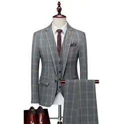 (168) Customized Slim-fit Men's Plaid Three-piece Suit Groom and Groomsmen Dress