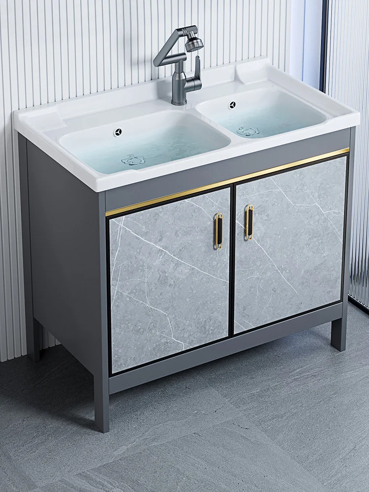 

Floor-to-ceiling ceramic integrated double basin sink sink space aluminum bathroom cabinet combined bathroom washbasin sink