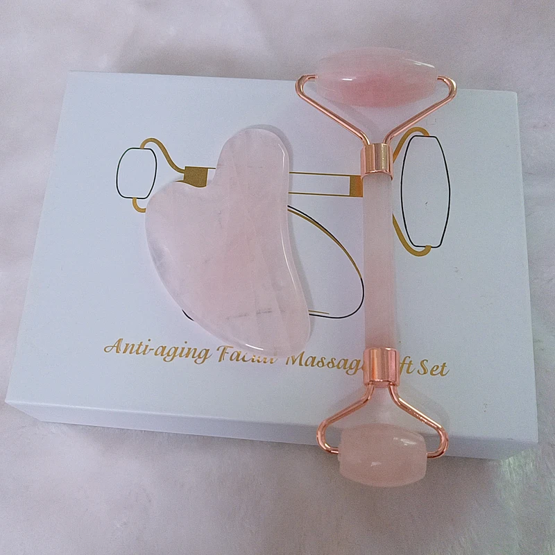 Natural Rose Quartz Face Roller & Heart Gua Sha Set, Anti-Aging Facial Massage Scraping Tool with Gift Box for Skin Lifting
