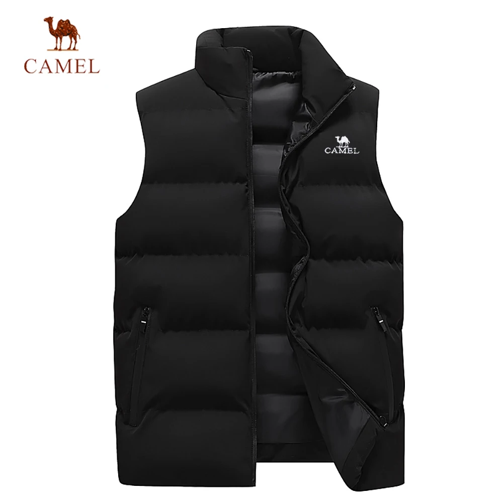 

2024 CAMEL brand vest jacket for men's autumn and winter casual comfort sleeveless solid color thickened cotton jacket