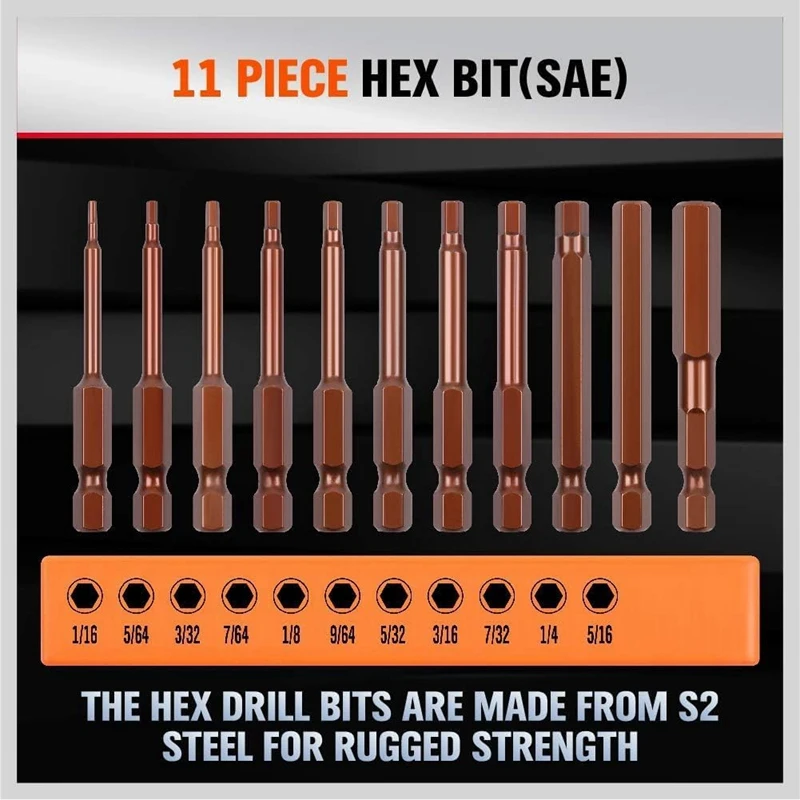 23 Piece Hex Key Drill Bit Set Metric & SAE S2 Steel 1/4Inch Hex-Shank 2.3Inch Long