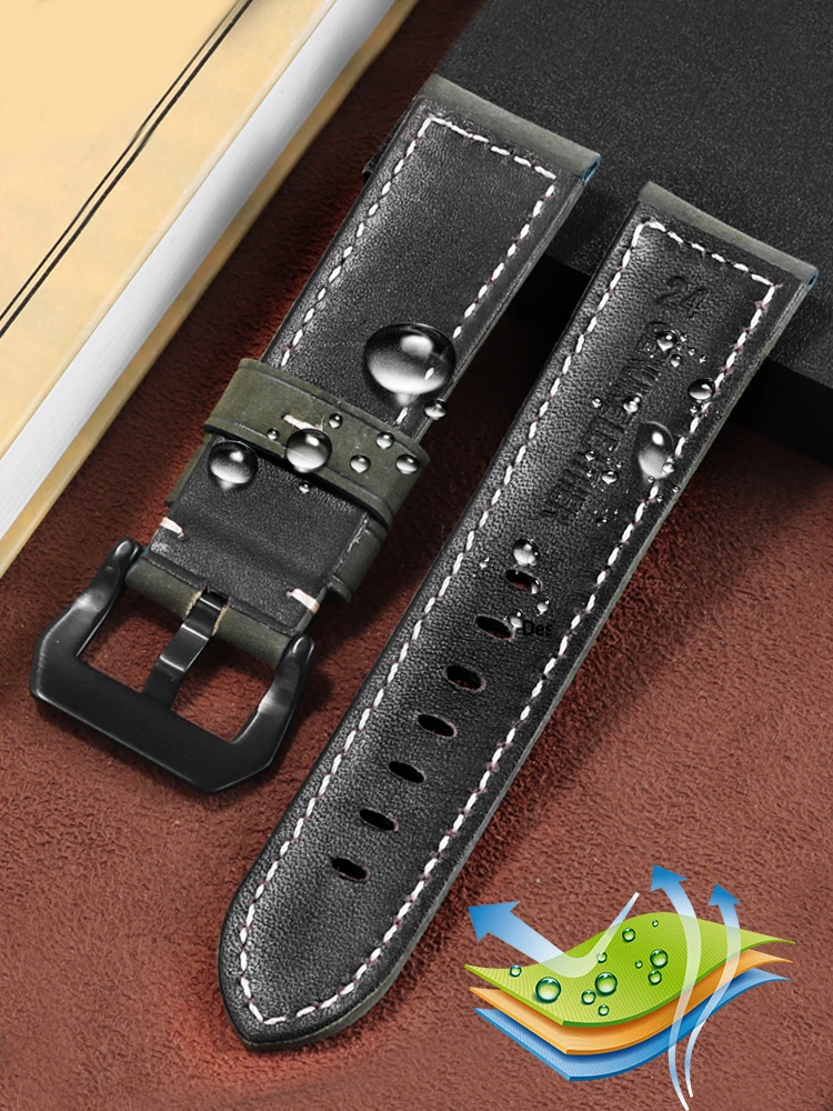 Frosted Vintage Crazy Horse Leather Strap for Panerai Tissot Citizen Tianwang Hamilton Waterproof Sweat-Proof Watchband 20 22 mm