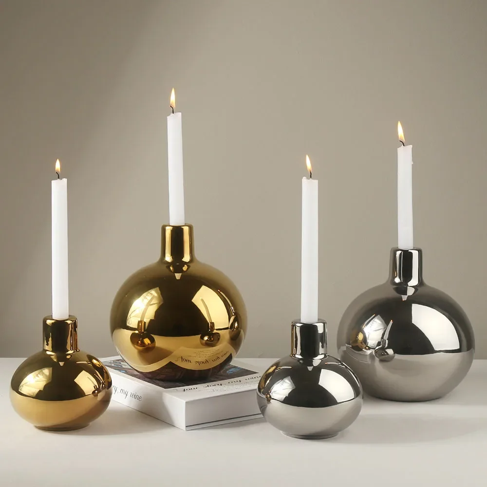 Gold and Silver European Luxury Dining Table Ornaments Candlelight Dinner Candlestick Living Room Home Modern Ceramic Decoration