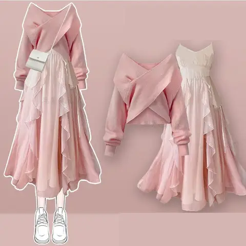 Women's Autumn Winter New V-Neck Cross Knit Sweater+Sexy Sling Skirt Two-piece Suit Korean Elegant Pullover Dress Matching Set