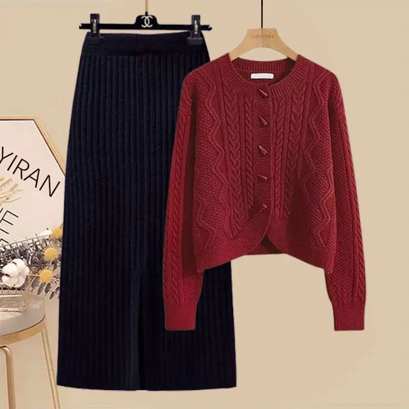 2024 New Suit Women's Fashion V-neck Temperament Figure Flattering Knit Cardigan Skirt Two-Piece Skirt E1708