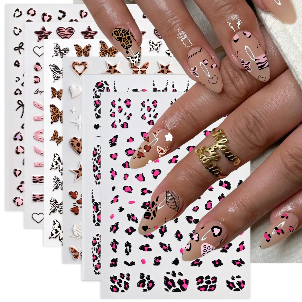 1/6Pcs 5D Leopard Nail Stickers Pink Black Brown Animal Print Butterfly Star Heart Bow Adhesive Nail Decals DIY Y2K Nail Sliders