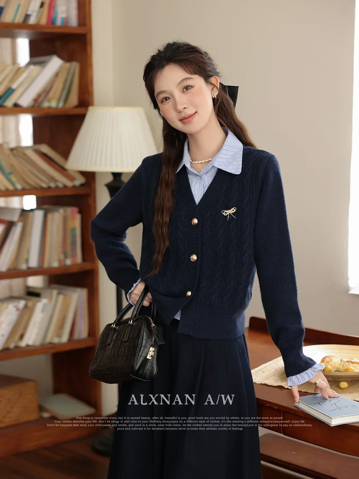 

ALXNAN Fake 2 Piece Striped Knitted Cardigans 2024 Autumn Winter Bow Polo Collar Long Sleeve Sweater Sold Separately LXN315101