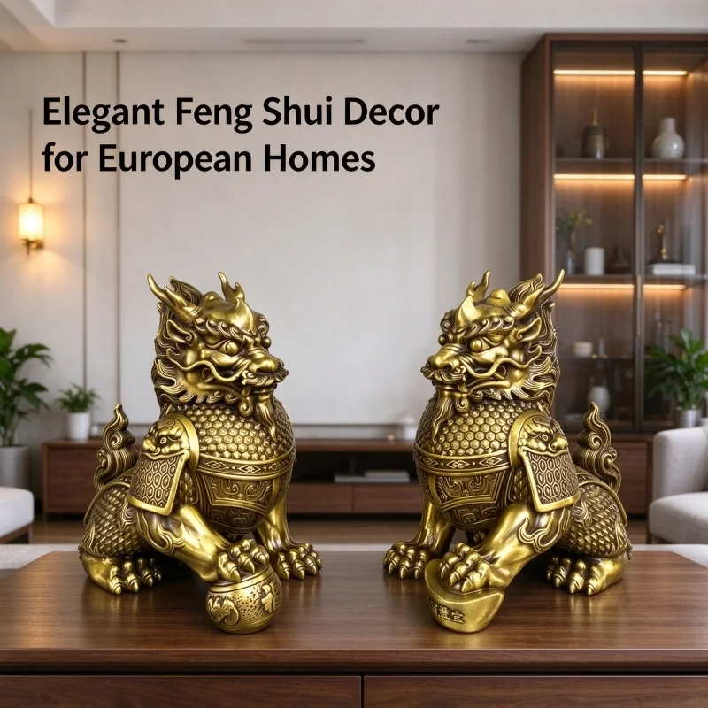 Pair Brass Qilin Kylin Statue Feng Shui Figurine 11x7x12cm Wealth Prosperity Ornament Chinese Mythical Home Office Decor Gift