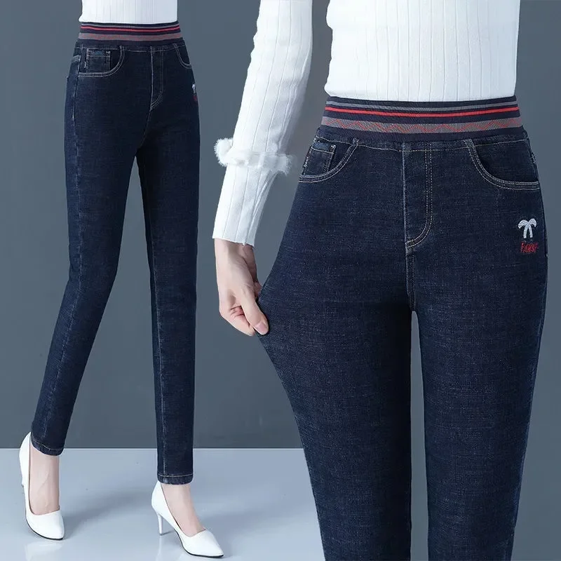 Women Skinny Winter Thicken Pencil Jeans Big Size 26-34 Stretch Vaqueros High Waist Kot Pantalones Warm Plush Lined Denim Pants