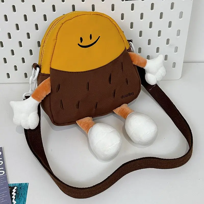 Yellow Brown Cute Cartoon Potato Smile Hands Foots Crossbody Bag Funny Smiling Face Small Shoulder Purse Lightweight Phone Pouch
