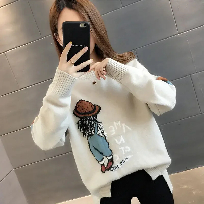 Women Knitted Tops 2021 Casual Fashion Long Sleeve Sweaters Pullovers Winter Female Cute Cartoon Girl Print Sweater Knitwear New