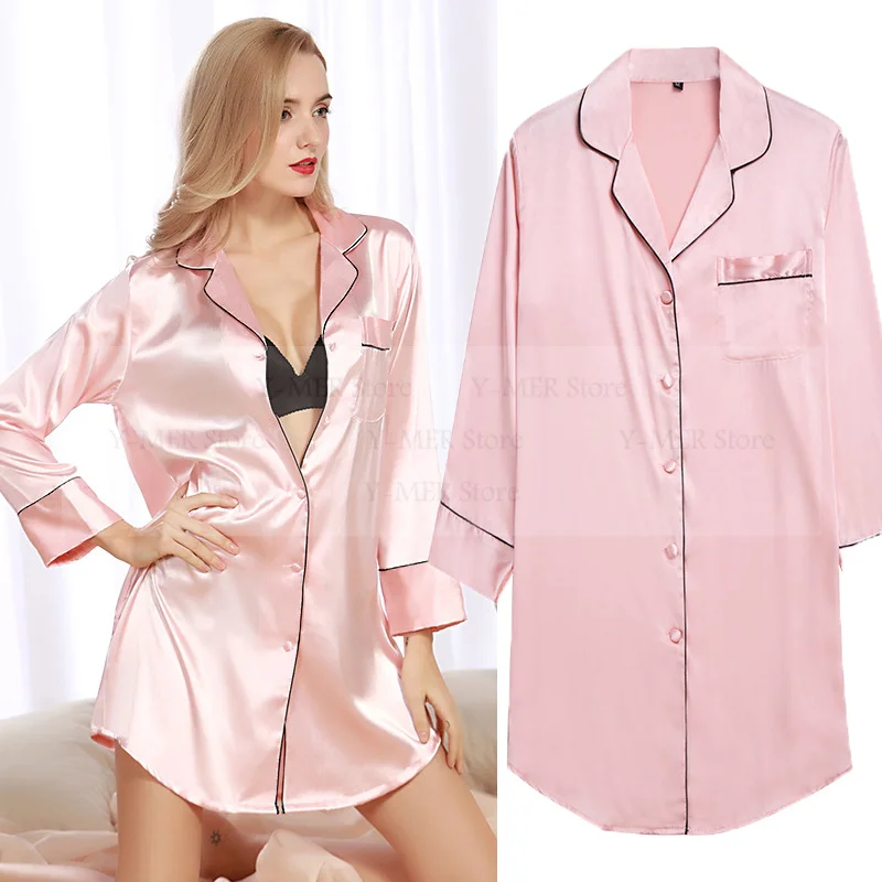 

Turn-Down Collar Sleep Shirt Women Kimono Dressing Gown Lingerie Rayon Summer Nightdress Sexy Loungewear Sleepdress with Buttons