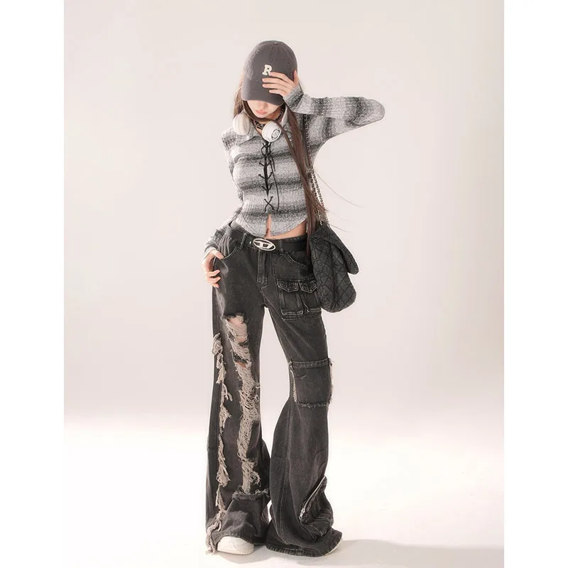 Jeans cargo da donna strappati a vita alta neri Hip Hop Design vintage Senso Streetwear Y2K Harajuku Casual Baggy Jeans a gamba larga