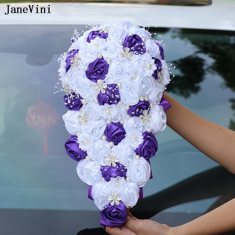 

JaneVini Cascading Purple White Flowers Waterfall Bridal Bouquets with Pearls Artificial Satin Roses Bouquet Wedding Accessories