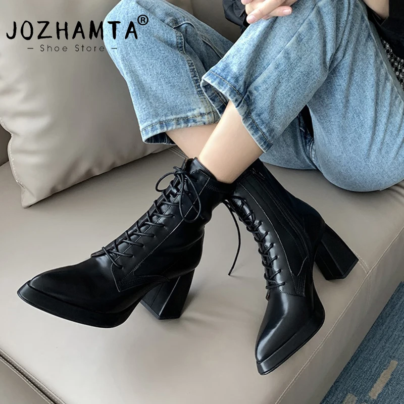 JOZHAMTA Size 33-40 Ankle Boots White For Women Real Leather High Heels Shoes Womens 2023 Platform Luxury Designer Ladies Shoes