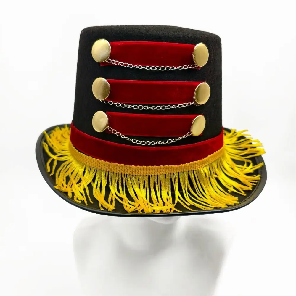 Tasseled Design Vintage Fascinator Hats Gold Fringe Red Black Color Black Circus Hat Gold Chains Gold Buttons Ringmaster Top Hat - view 2