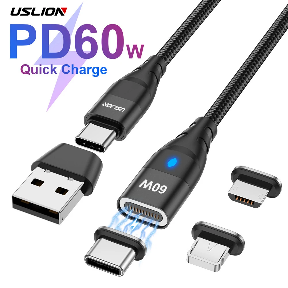 USLION 3-IN-1 60W USB C to Type C Magnetic cable Super Fast Charging QC 4.0 3.0 USB-C to Micro usb Cable cord For iphone Macbook