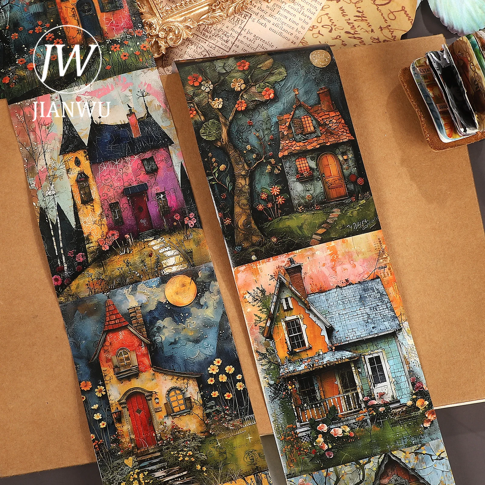 JIANWU 80mm*205cm Vintage Flower House Landscape Material Collage Scrapbooking Washi Tape Creative DIY Journal Stationery