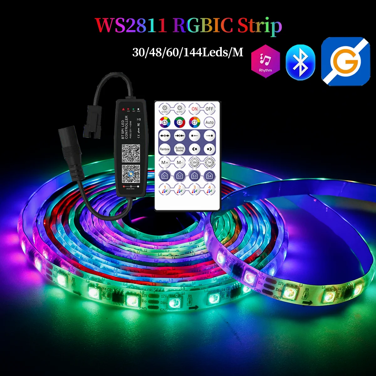 Addressable WS2811 LED Strip Lights 30/48/60/144Pixel/leds/m 5050RGB Colorful Light Strips With 28keys Music led controller 12V