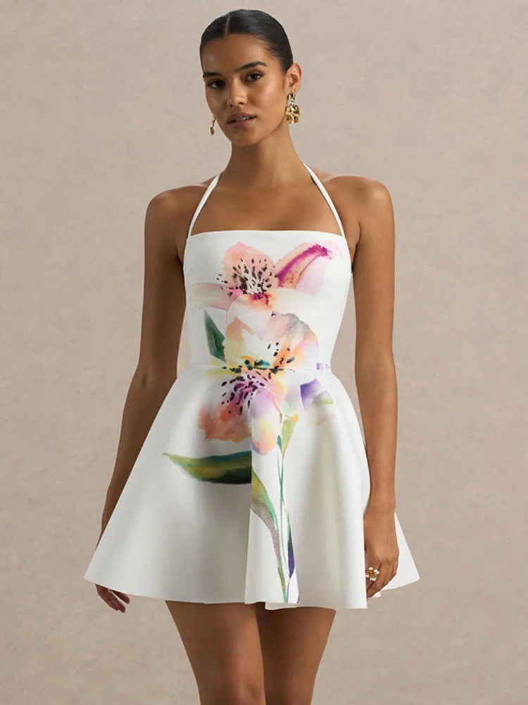 الرسن عارية الذراعين طباعة فستان قصير مثير المرأة موضة ساحة طوق الدانتيل متابعة أكمام عالية الخصر ألف خط فستان حفلة النادي