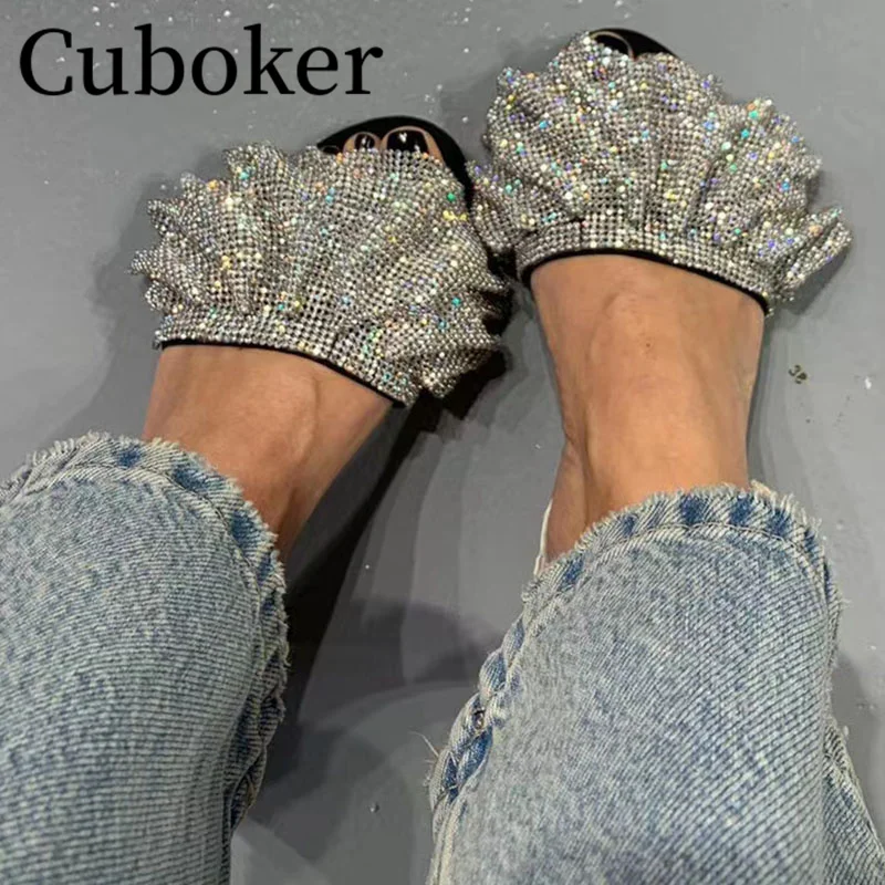 2023 New Style Summer Crystal Skirt Flat Heel Slippers Peep toe Women Slides Dress Slippers Banquet Sexy Canvas Bling Mules