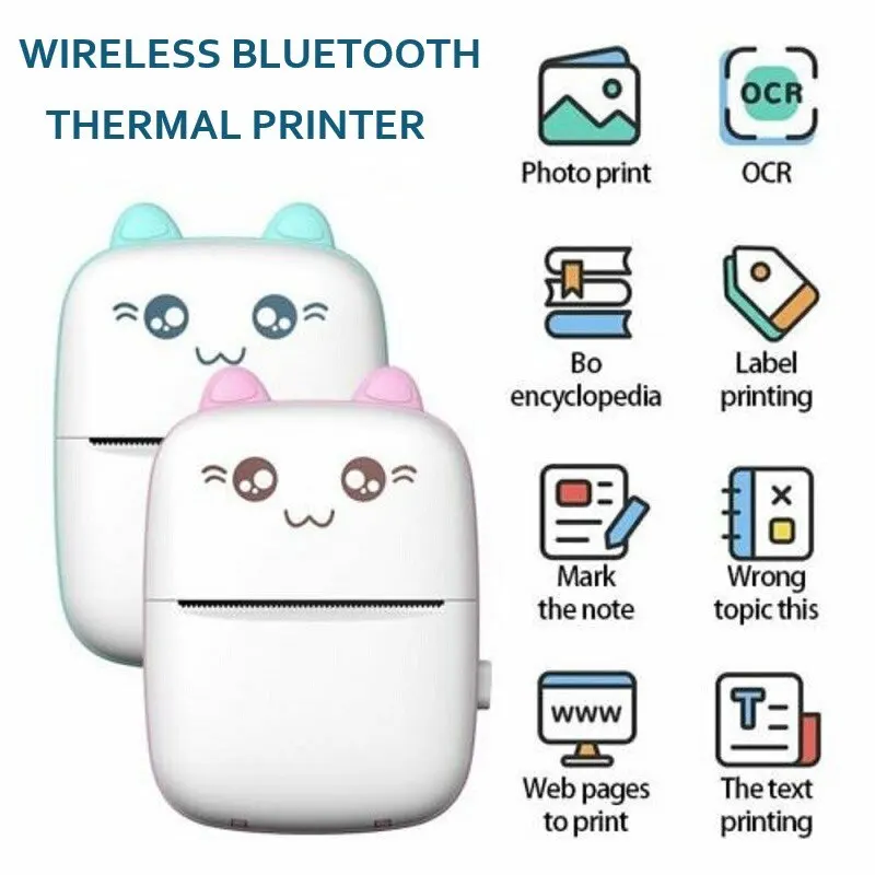 Mini Thermal Printer Portable Ink-free Thermal Wirelessly BT 203dpi Photo Label Memo Wrong Question Printing With USB Cable 57mm