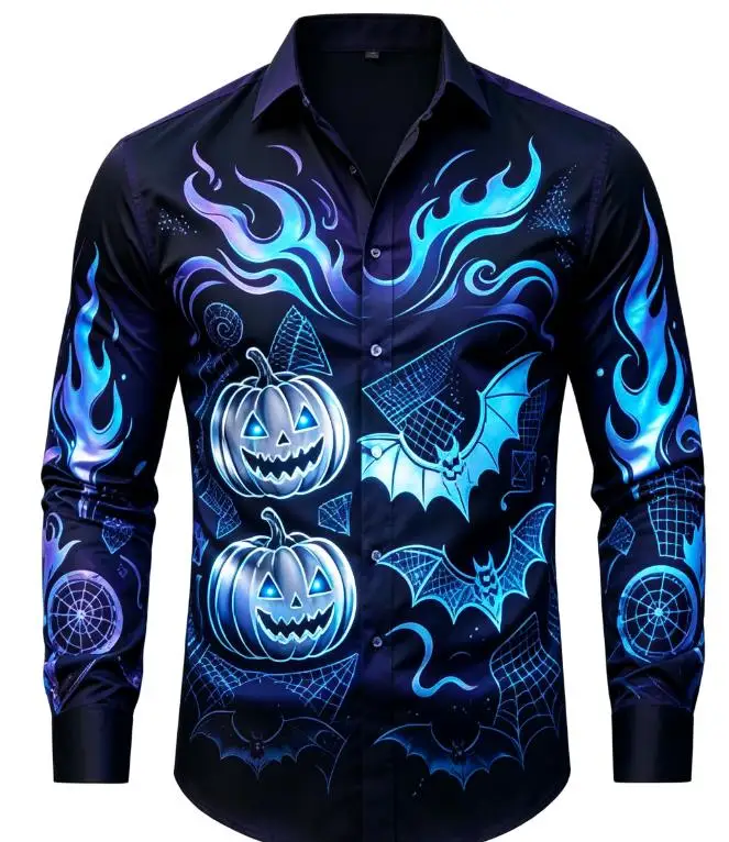 Men Long-Sleeve Button-Down Shirt Purple Pink Flame Pumpkin Bat Print Polyester Lapel Collar Halloween Party Top