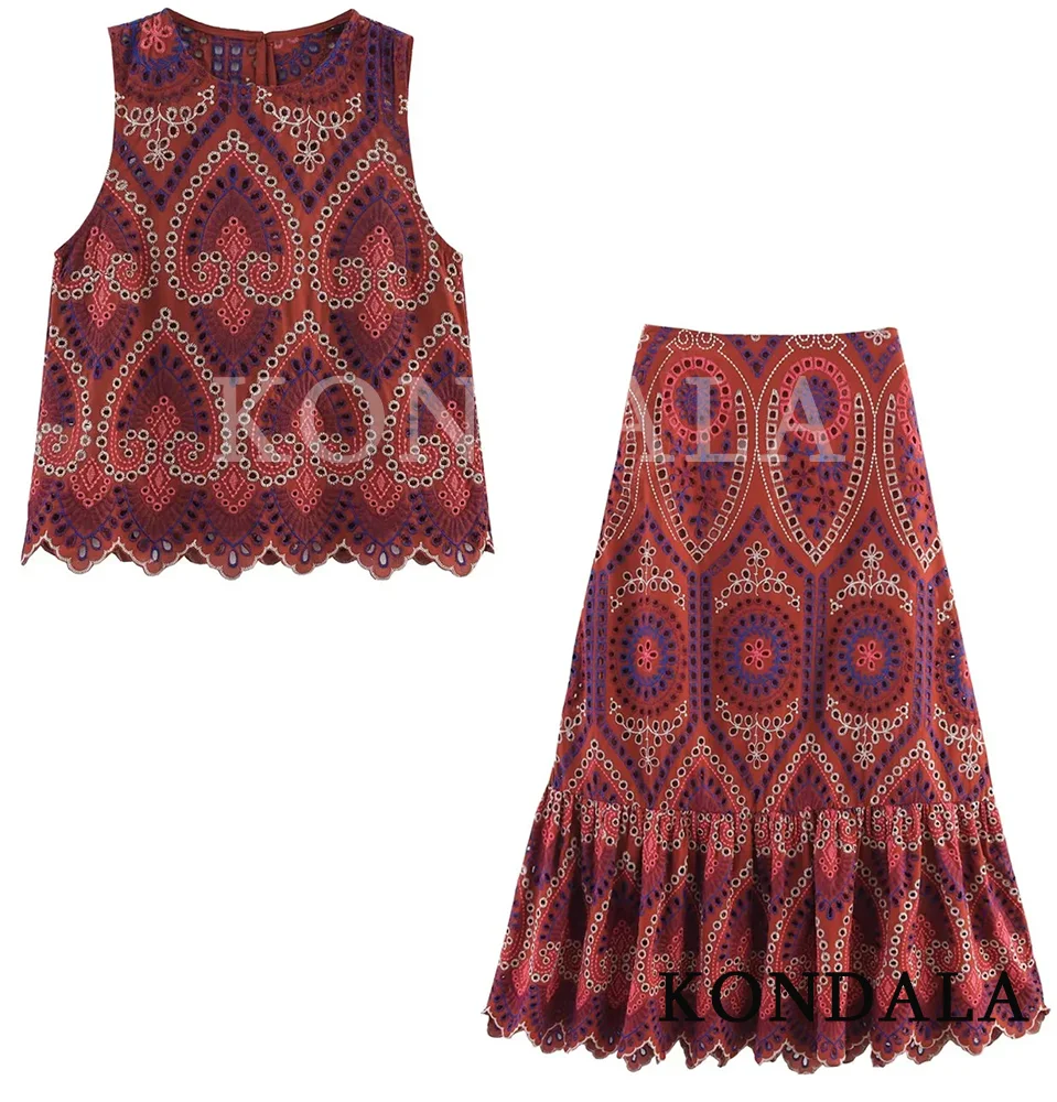 KONDALA Women Beach Trendy Skirt Set Embroidery Hollow Out Sleeveless Top Long Zipper Skirt New Fashion 2026 Spring Skirt Set