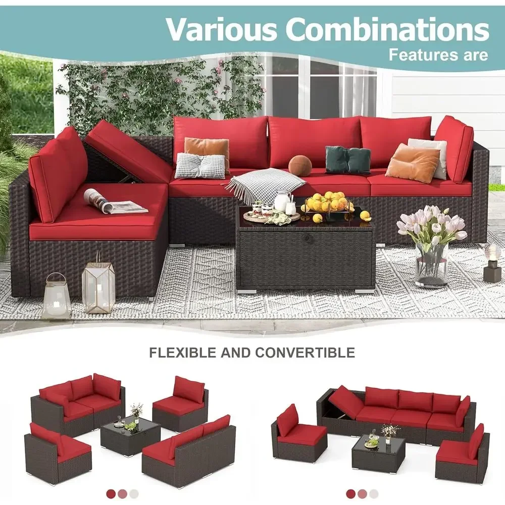 7-Piece Outdoor Patio Furniture Set with Weather-Resistant Wicker, Adjustable Brackets, and Coffee Table in Wine Red