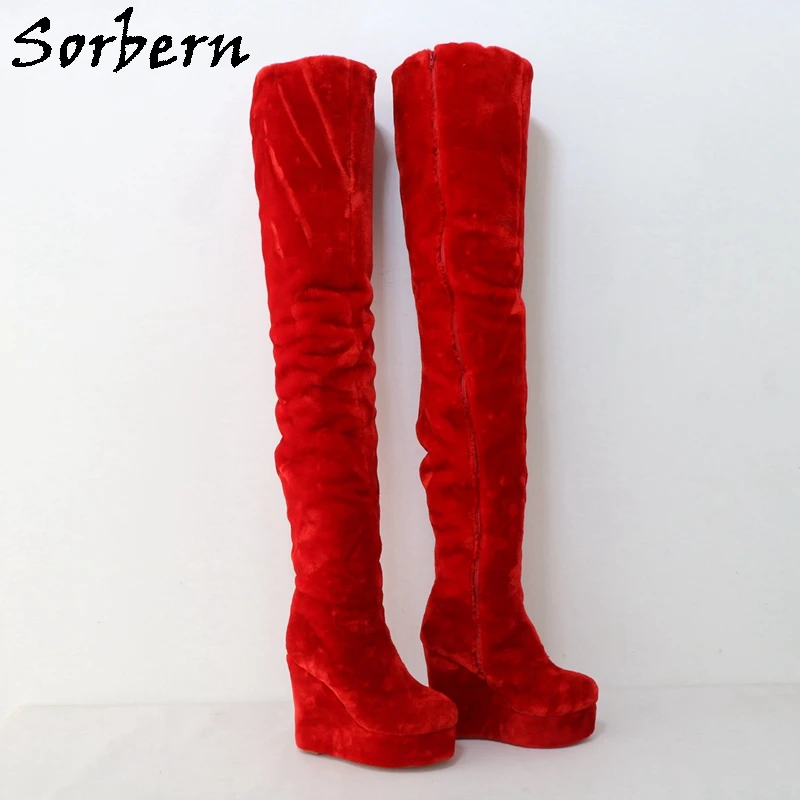 Sorber Red Fur 95cm cavallo stivali alla coscia per le donne zeppe Boot Unisex Fetish tacchi alti taglia personalizzata Eu33-48