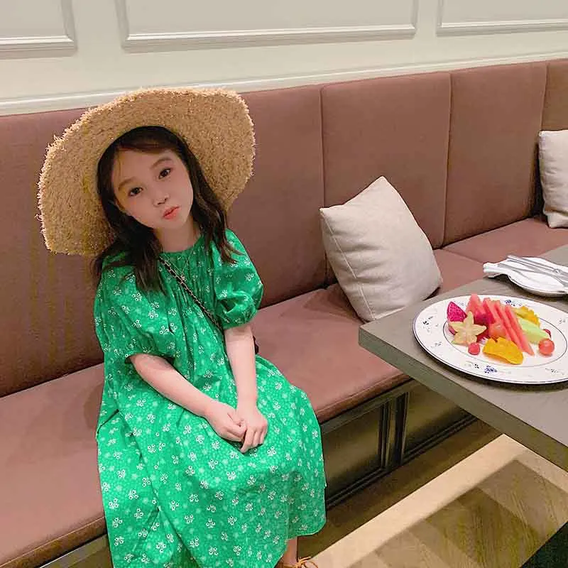 Summer Girls' Green Floral Dress - Korean & Japanese Bubble Sleeves Cotton Casual Cool Comfort Outfit for Toddler Kids 2-7 Years