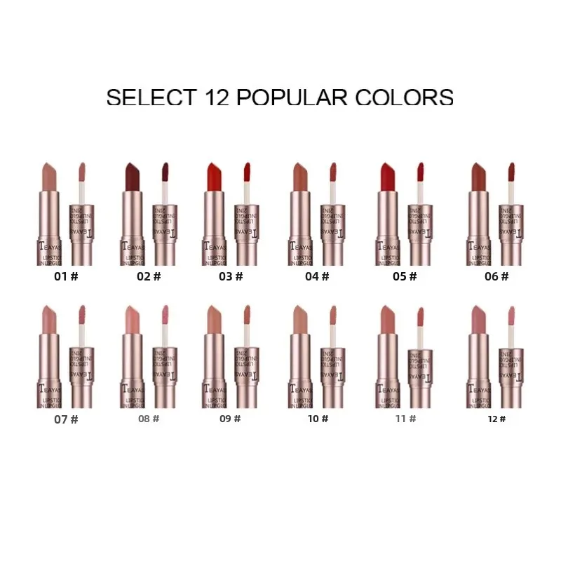 Juego de lápiz labial 2 en 1, brillo de labios mate, taza antiadherente de doble cabezal, brillo de labios de terciopelo, resistente al agua, lápiz labial Sexy de larga duración y humedad