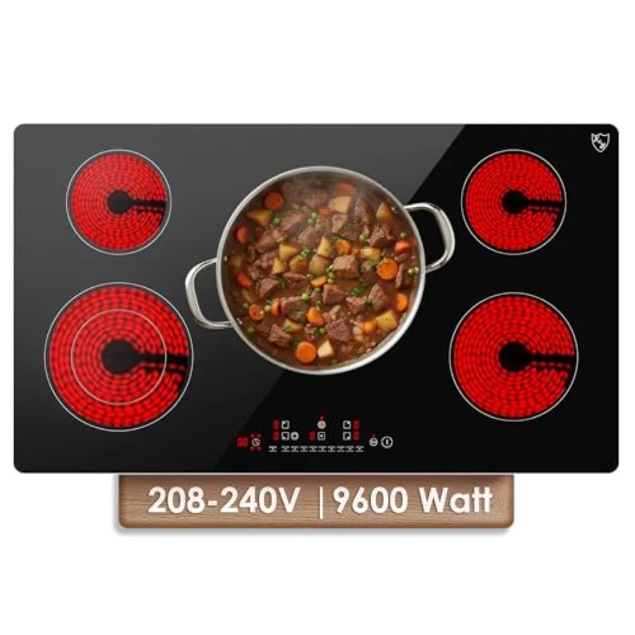 

5 Burner Electric Cooktop for kitchen, ceramic glass, black, 9 power levels and touch control for precise cooking