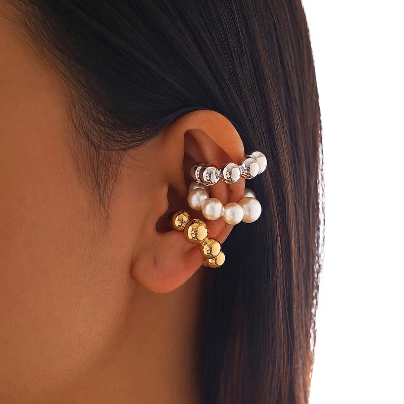 Punk Vintage 3Pcs C-Shaped Ear Clip For Women Simple Pearl Acrylic Small Round No-Pierced Earring Female Party Jewelry