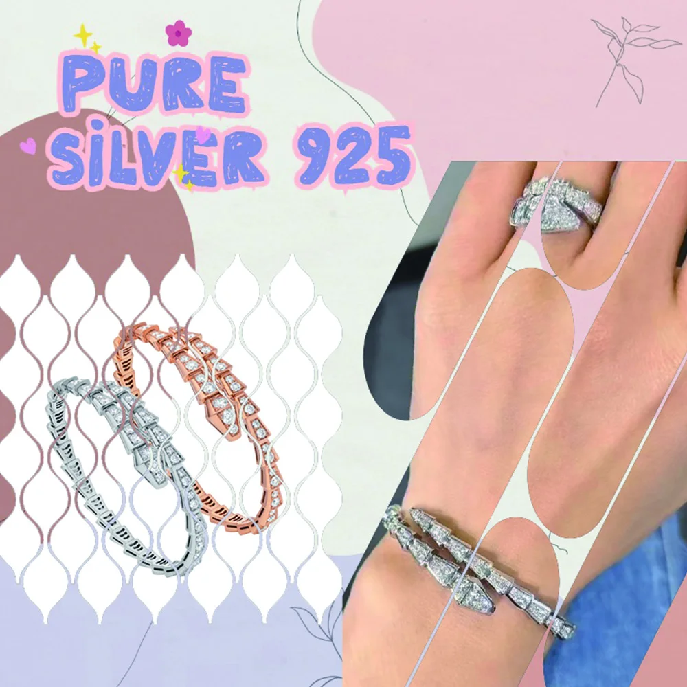 

Italian Fashion Exquisite Inlaid Brilliant Zircon Snake Body Silver Bracelet S925 Women's Bracelet Birthday Gift