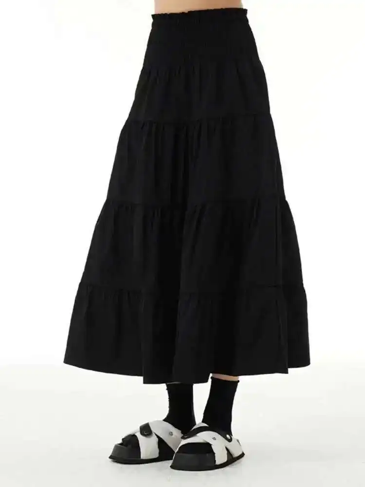 مرونة عالية الخصر الكاكي مطوي أنيقة ميدي ألف خط نصف الجسم تنورة المرأة موضة المد ربيع الخريف الجديد