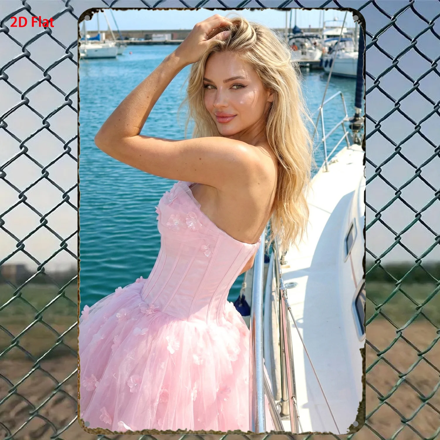 2D Metal Sign ，Vintage Yacht Scene Lady in Pink Corset Dress Iron Wall Art Plaque