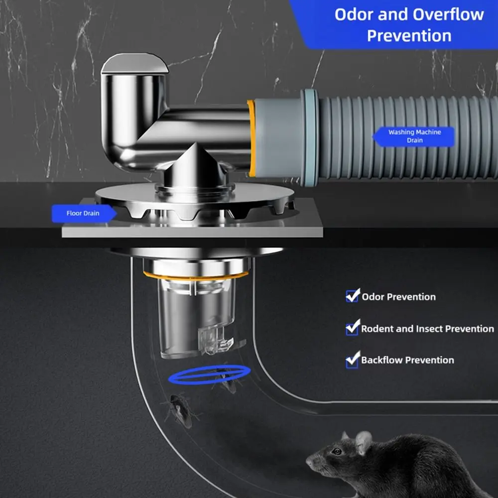 Black Silver Floor Drain Cover Snap Joint Double Purpose Multifunctional Tee Connector Insect Prevention Anti-Overflow