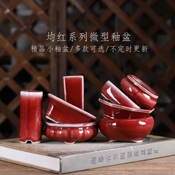 Porcelain Red Glazed Round Circle Bonsai Pot, Super Small Vase, Chinese Shape Cubicles, Desk Table, Home Garden Decoration
