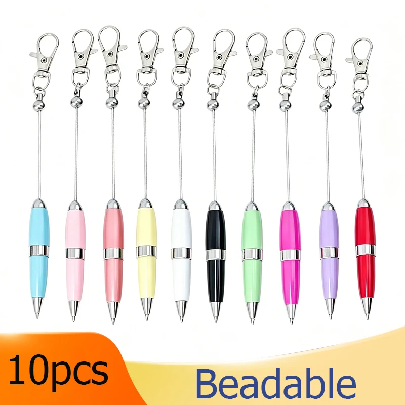 10pcs Metal Ballpoint Pen with Keychain Office Student Beadable Pen Set Advertising Gift Custom Logo DIY Beaded Pen Kids Gift