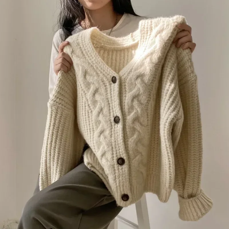 

New Korean Women Cardigan Knitted Sweater Spring Autumn Chic Loose Long Sleeve Tops Solid Sweater Jacket For Female Y2k