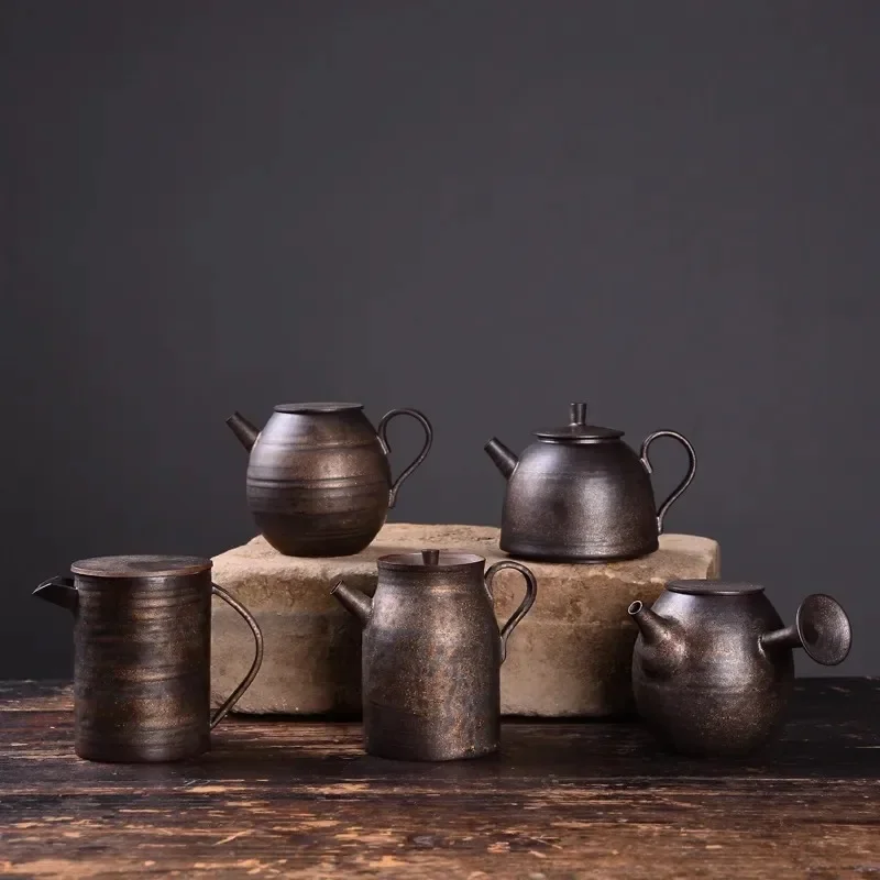 

180ml Japanese Rough Pottery Teapot Handmade Small Rust Glaze Ceramic Small Single Pot with Filter Kung Fu Tea Puer Maker Tools