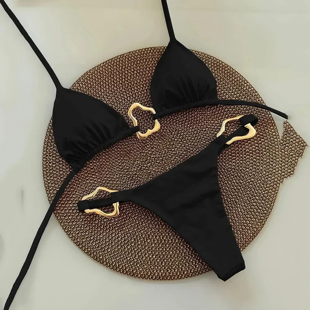 Black String Halter Triangle Micro Bikini Thong Metal Ring Swimwear Sexy Swimsuit Women Mini Bathing Suit Lace-up Bikinis Sets