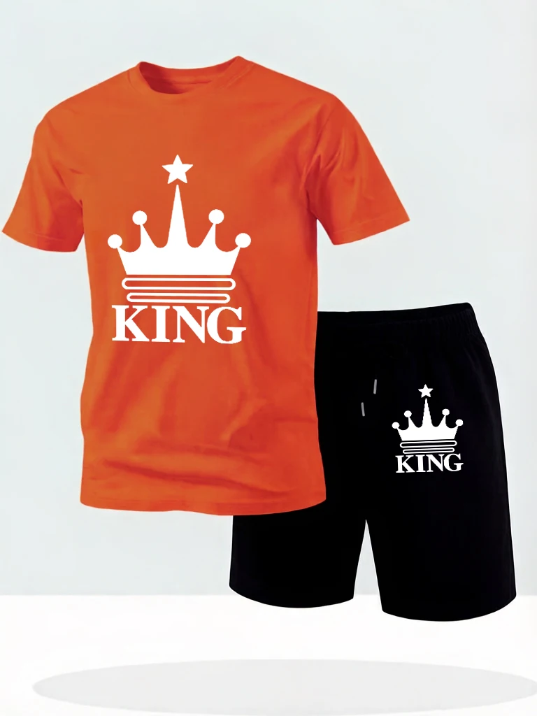 

King Crown Design Printing Basics O-Neck Male Streetwear Suits Cotton Casual Running Short Sleeve Loose Summer Tees & Shorts