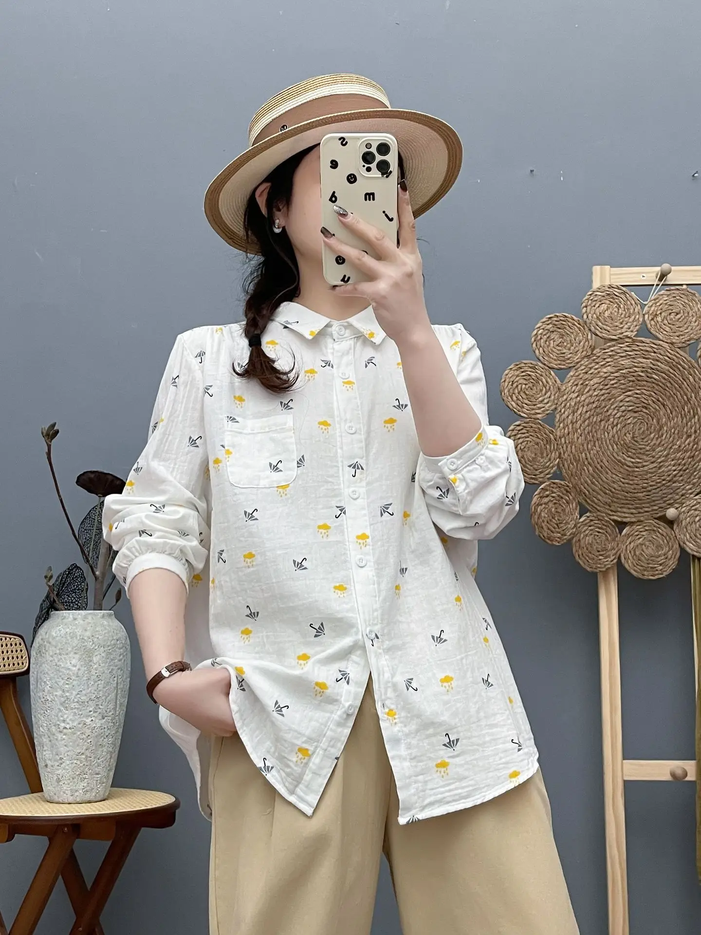 

Женские элегантные рубашки, блузки из 100% хлопчатобумажной пряжи, японский стиль, женские топы с длинными рукавами и принтом Unbrella, повседневная женская одежда, осенние топы