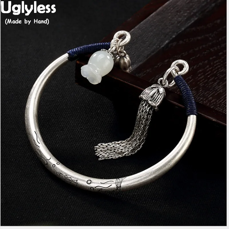 

Uglyless Real 990 Silver Women Tassel Bangles Luxury Hotan White Jade Lily of the Valley Bangle Fish Lotus Jewelry Flower Bijoux